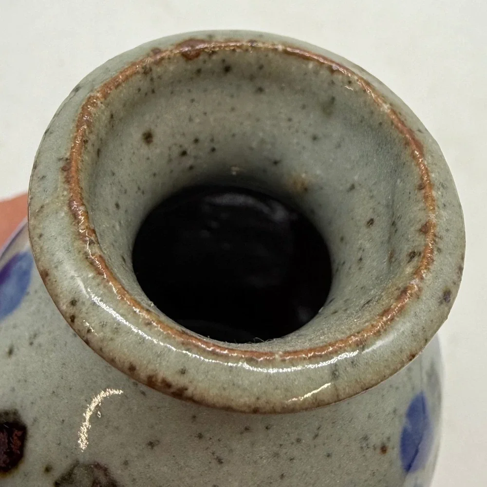 Knobler Japan Studio Pottery Bud Vase Blue Brown Polka Dot‎ Stoneware MCM 4 inch
